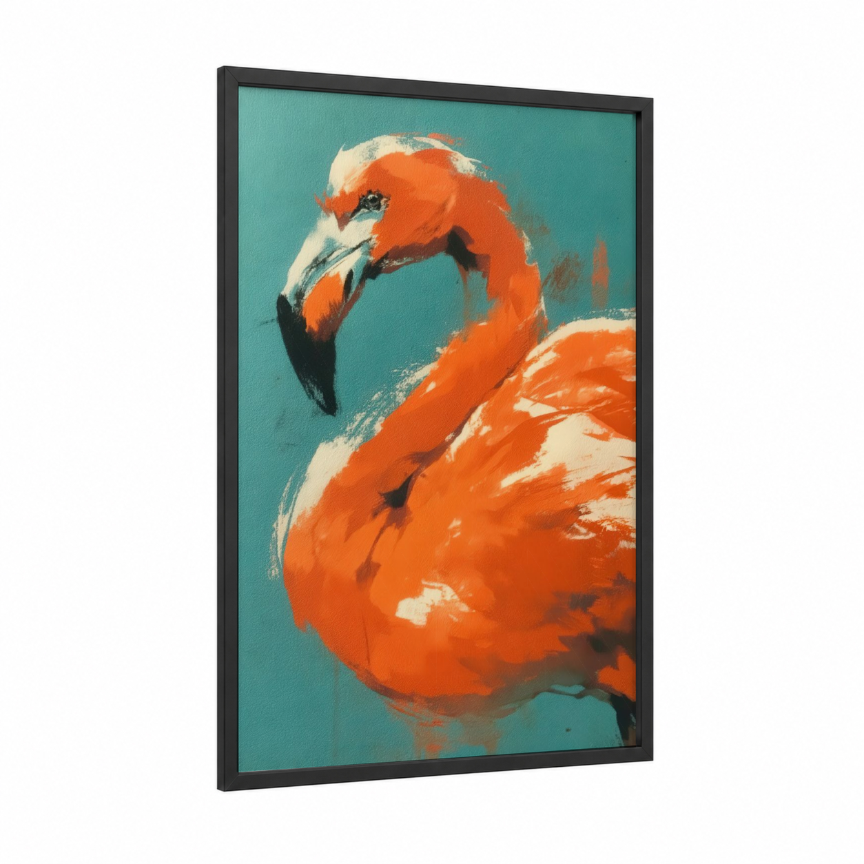 Tropical Flamingo framed art print — black wood frame — orange and teal palette
