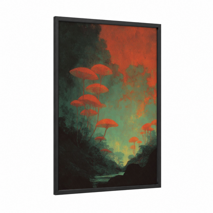 Crimson Dreamscape framed art print — black wood frame — red and dark green palette