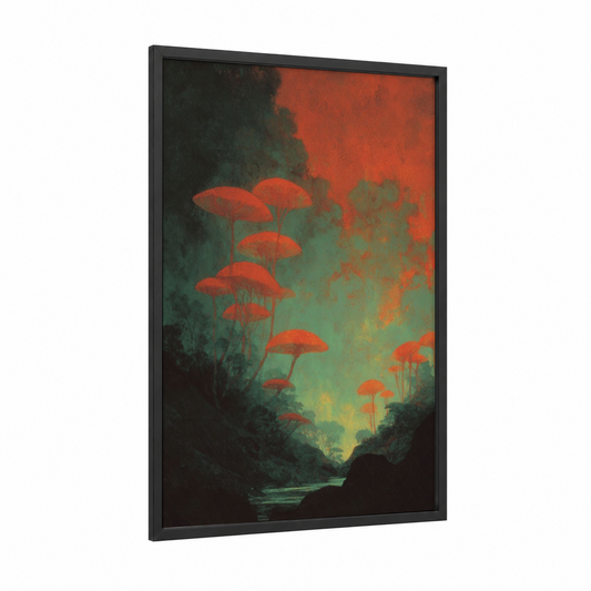 Crimson Dreamscape framed art print — black wood frame — red and dark green palette