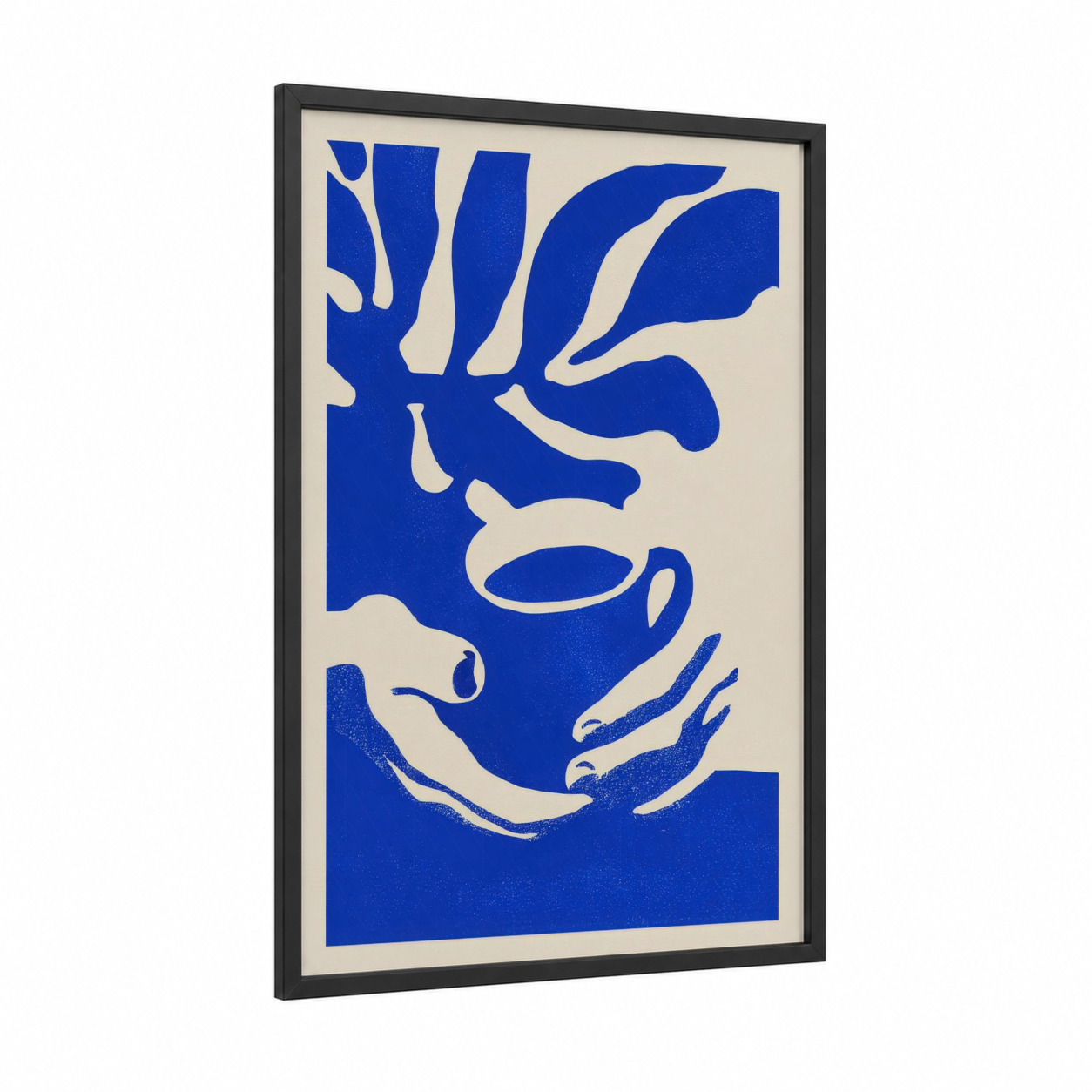 Blue Coffee Hands framed art print — black wood frame — blue and cream palette