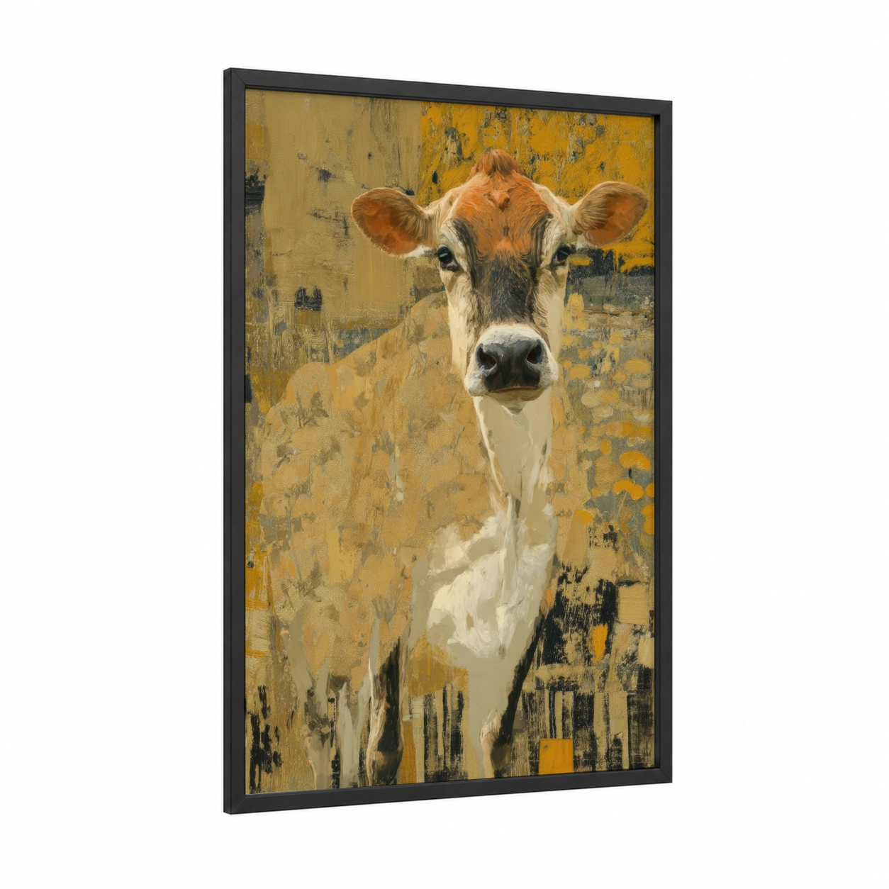 Golden Jersey Cow framed art print — black wood frame — gold and cream palette