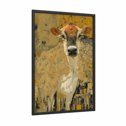 Golden Jersey Cow framed art print — black wood frame — gold and cream palette