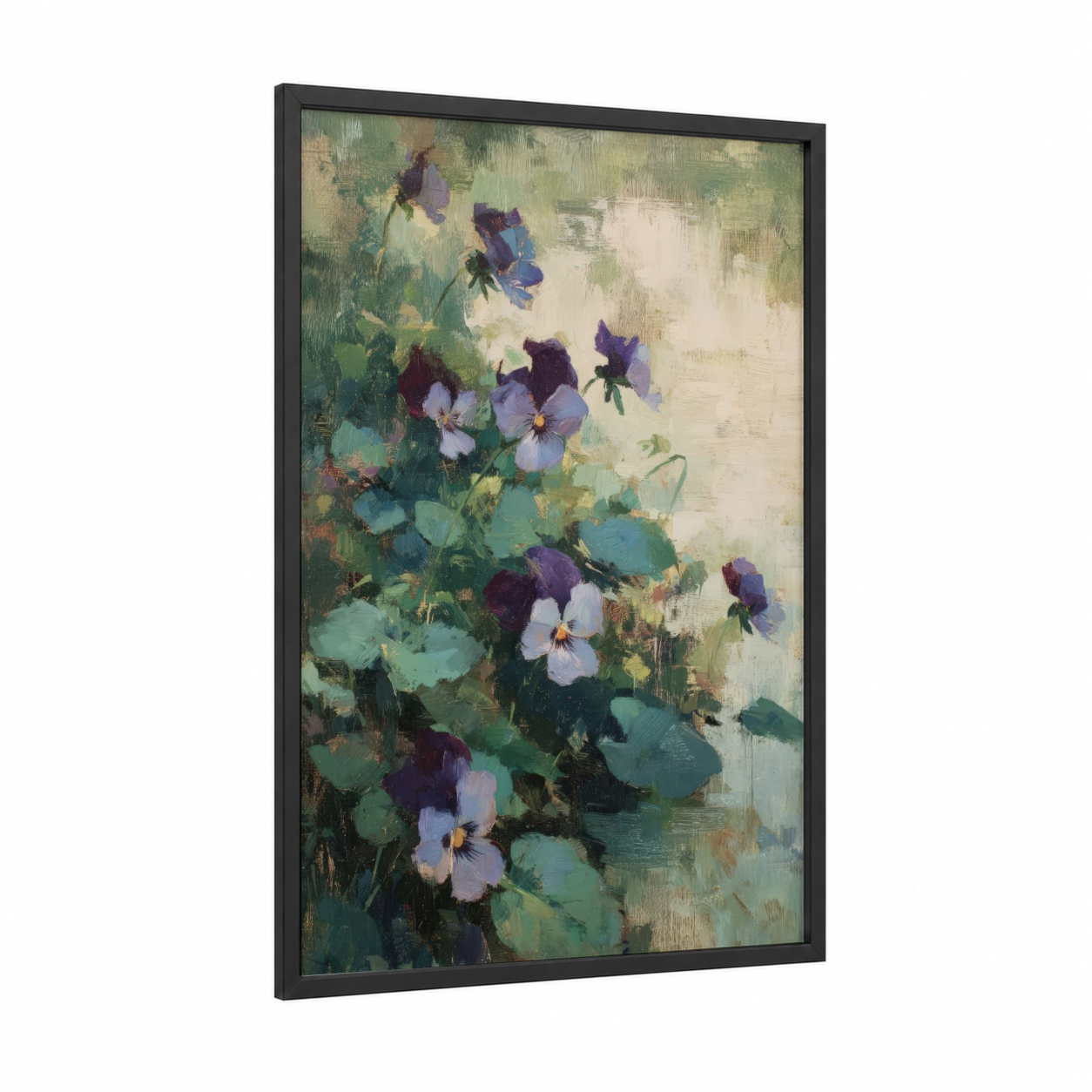 Garden Violets framed art print — black wood frame — purple and green palette