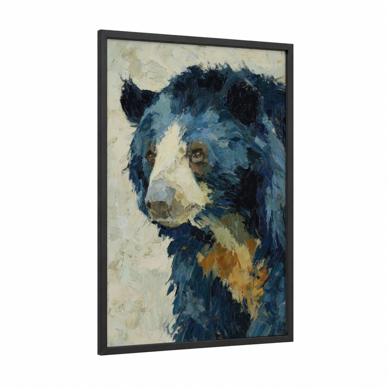Contemplative Sloth Bear framed art print — black wood frame — dark blue and cream palette