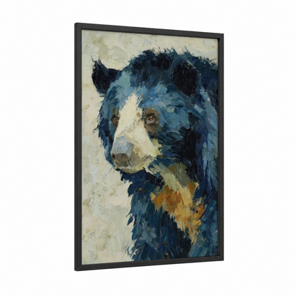 Contemplative Sloth Bear framed art print — black wood frame — dark blue and cream palette