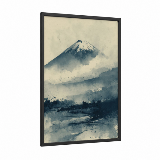 Misty Fuji framed mount fuji print — black wood frame — blue and cream palette