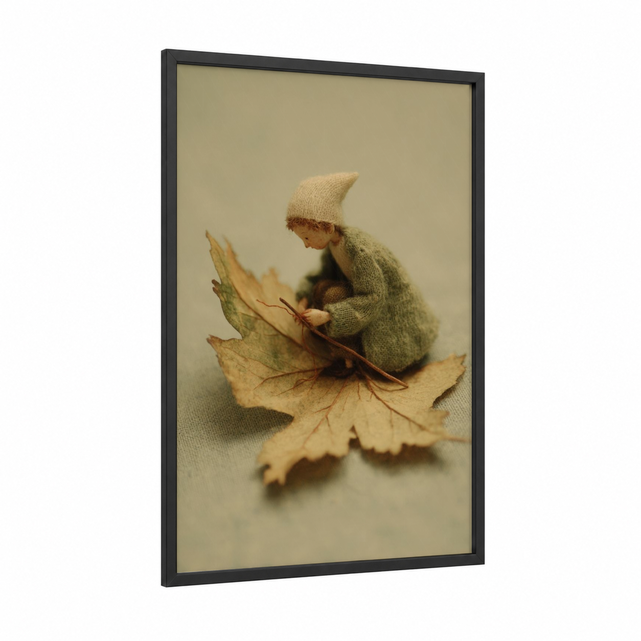 Autumn Leaf Elf framed art print — black wood frame — olive and gold palette
