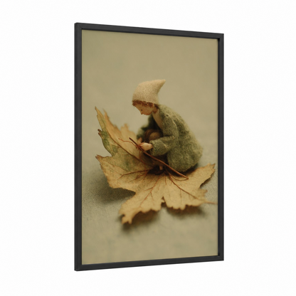 Autumn Leaf Elf framed art print — black wood frame — olive and gold palette