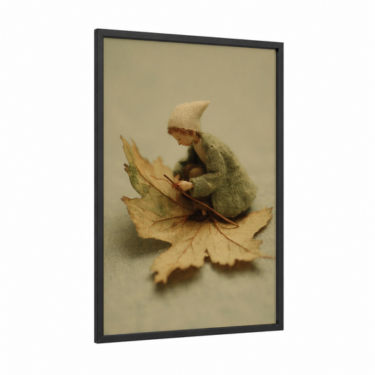 Autumn Leaf Elf framed art print — black wood frame — olive and gold palette