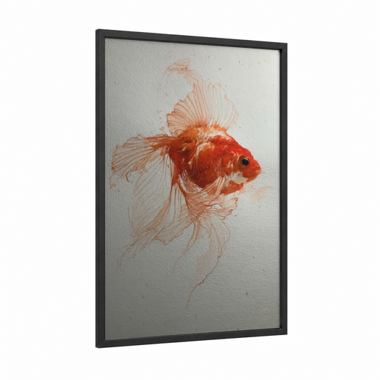 Crimson Betta Fish framed goldfish print — black wood frame — red and white palette