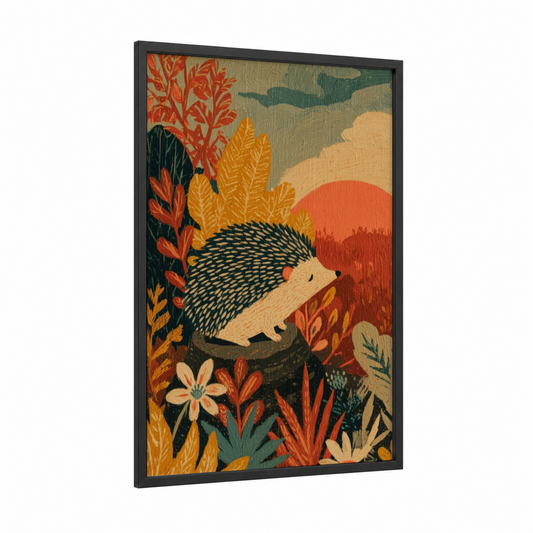 Autumn Hedgehog framed art print — black wood frame — red and gold palette
