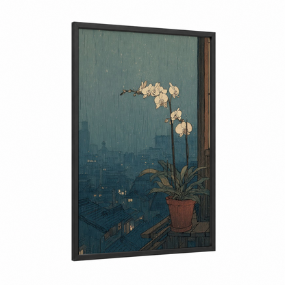 Urban Orchid framed art print — black wood frame — teal and cream palette