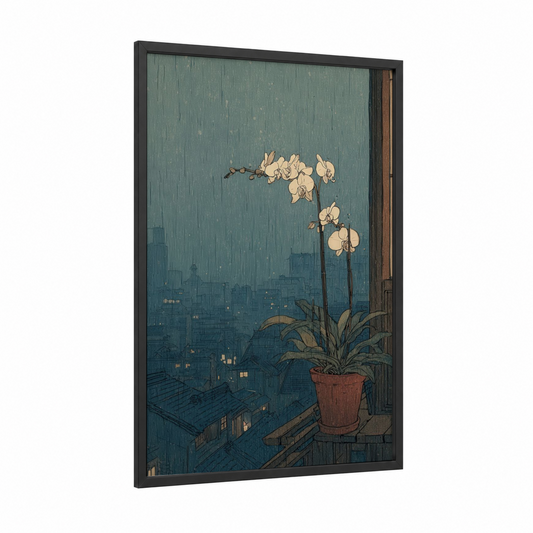 Urban Orchid framed art print — black wood frame — teal and cream palette