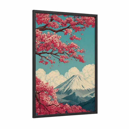 Crimson Blossoms Peak framed cherry blossoms print — black wood frame — salmon pink and teal palette
