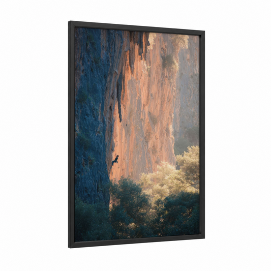 Cliff Climber framed rock climbing print — black wood frame — blue and orange palette