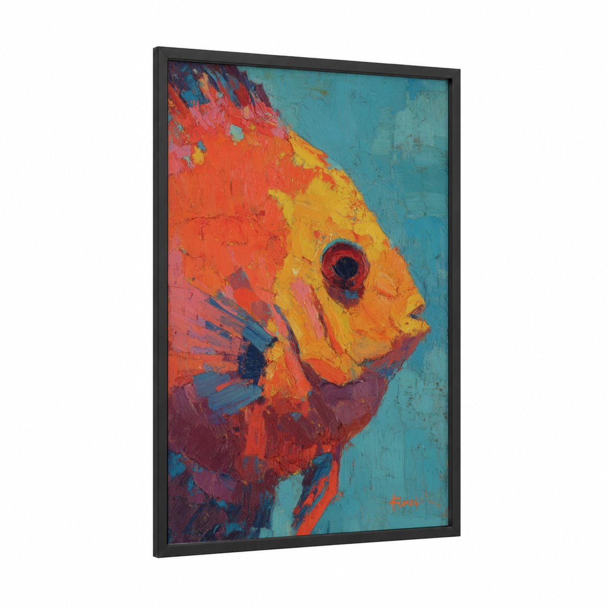 Crimson Discus Fish framed art print — black wood frame — red and blue palette