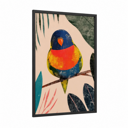 Rainbow Lorikeet Perched framed art print — black wood frame — blue and orange palette