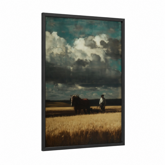 Harvest Horse framed clydesdale horse print — black wood frame — gold and teal palette