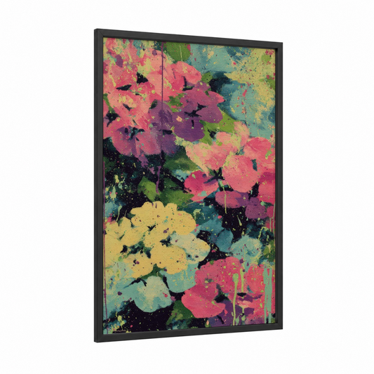 Vibrant Hydrangea Blooms framed art print — black wood frame — magenta and yellow gold palette