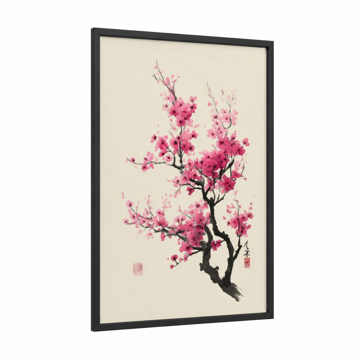 Pink Cherry Blossom framed cherry blossoms print — black wood frame — pink and cream palette