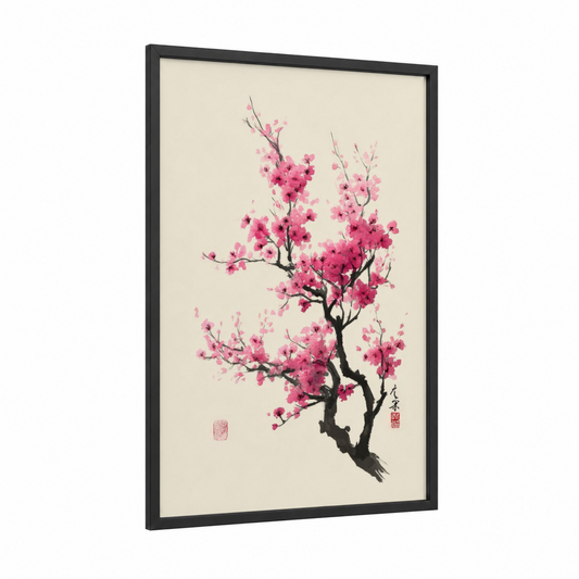 Pink Cherry Blossom framed cherry blossoms print — black wood frame — pink and cream palette