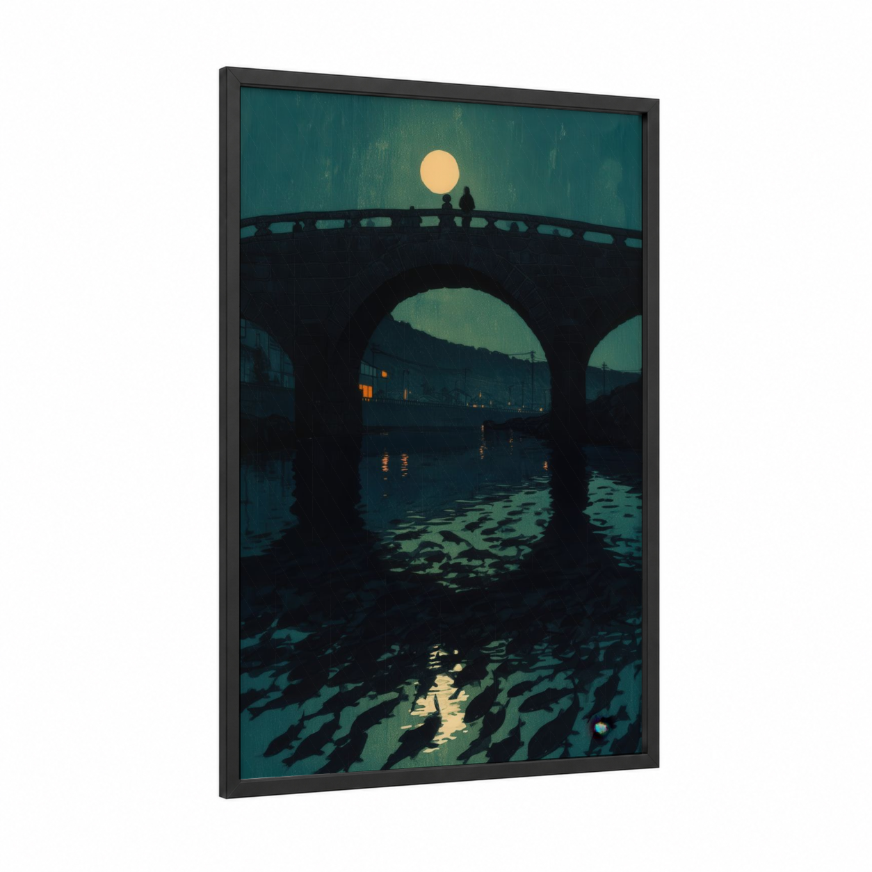 Moonlit Bridge framed zebrafish print — black wood frame — teal and gold palette