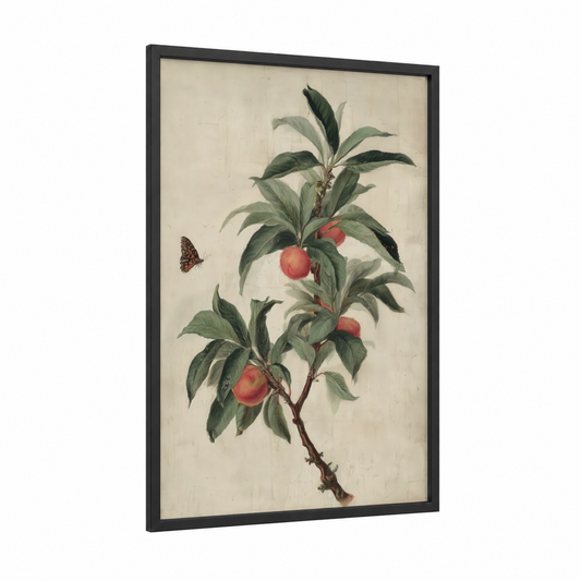 Peach Branch Botanical framed fruit trees print — black wood frame — dark green and peach palette