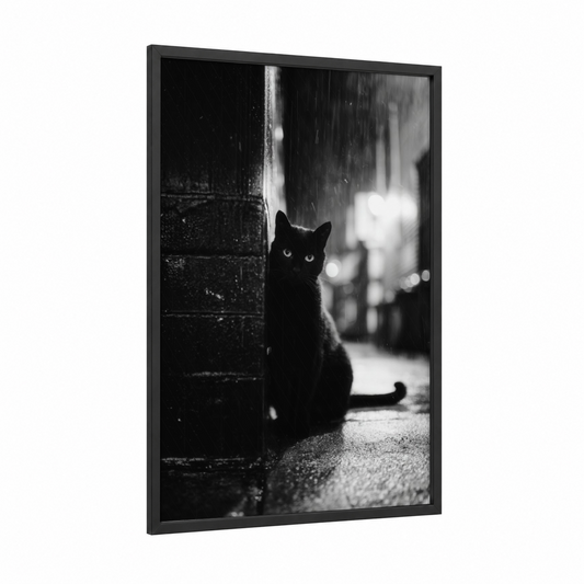 Alley Panther framed art print — black wood frame — black and white palette