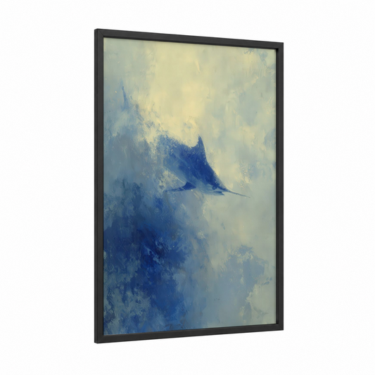 Misty Blue Marlin framed art print — black wood frame — blue and cream palette