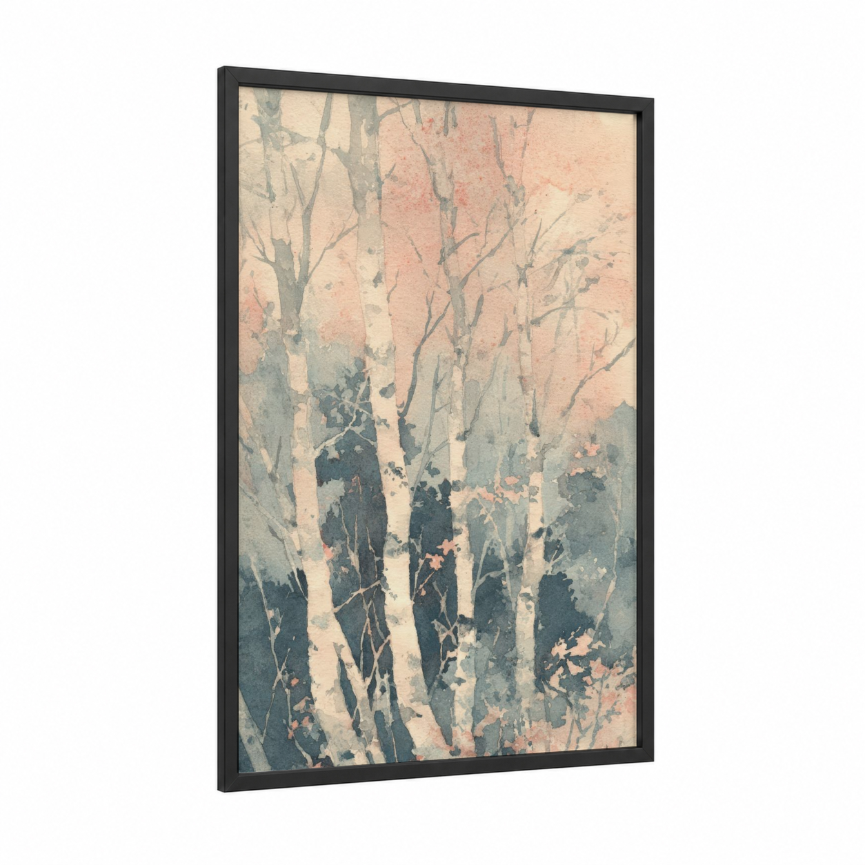 Autumn Birch Forest framed art print — black wood frame — cream and dove gray palette
