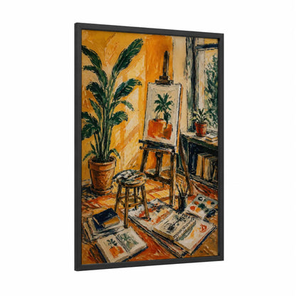 Artist Studio Plant Scene Wall Art framed art print — black wood frame — orange and true green palette