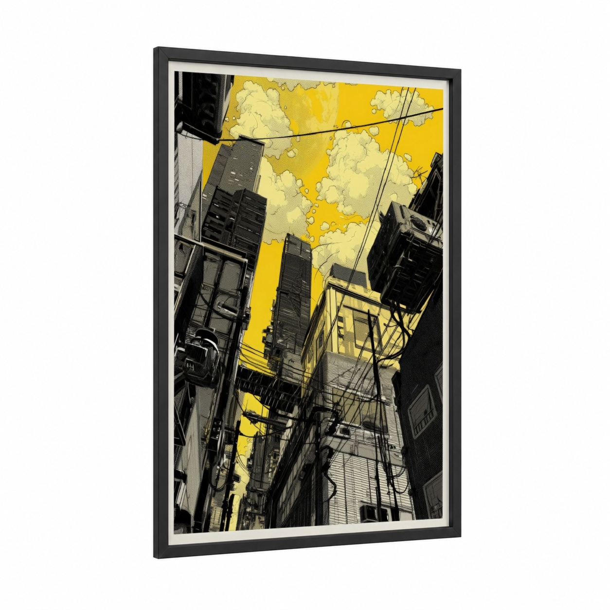 Urban Skyline framed abstract architecture print — black wood frame — yellow gold and black palette