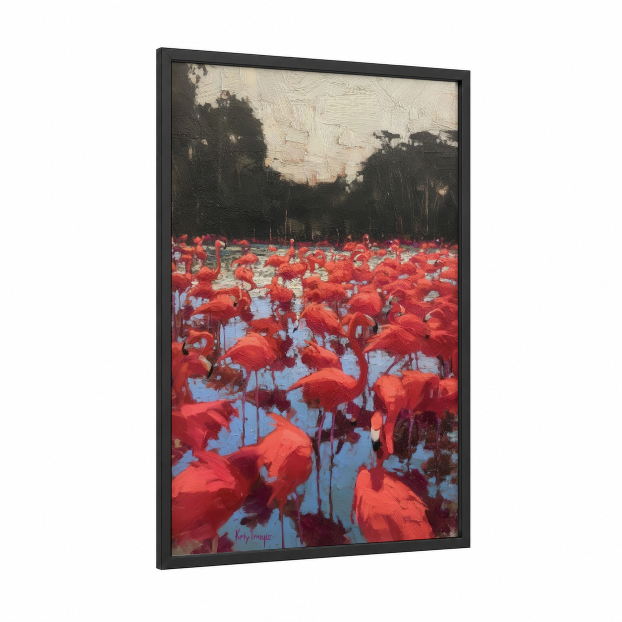 Crimson Flamingo Wetland framed art print — black wood frame — red and blue and white palette