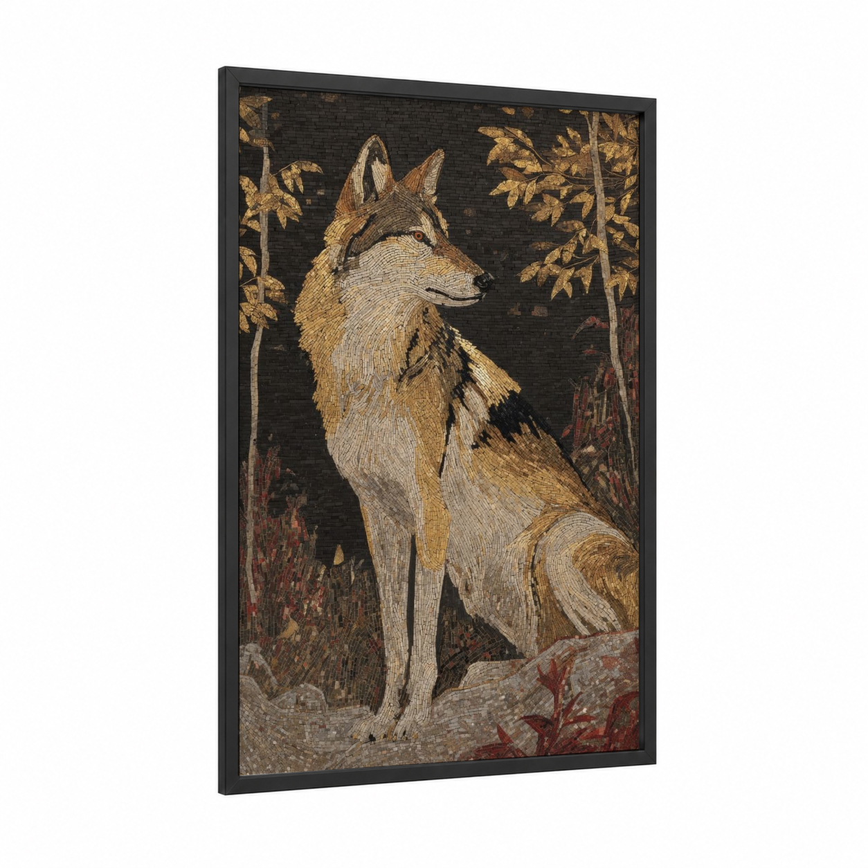 Noble Forest Wolf framed art print — black wood frame — gold and black palette