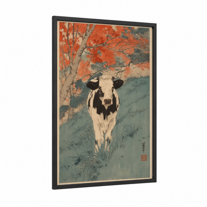 Autumn Hereford framed hereford cow print — black wood frame — orange and sage green palette