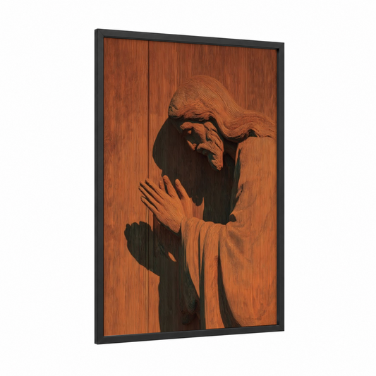 Contemplative Christ framed jesus christ print — black wood frame — russet and black and white palette