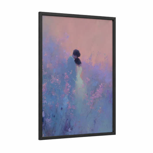 Blossom Wedding Couple framed groom and bride print — black wood frame — purple and pink palette