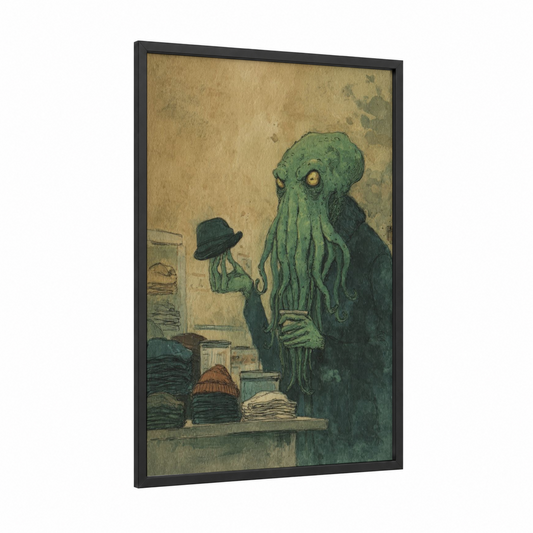 Cthulhu Haberdashery framed art print — black wood frame — dark green and beige palette