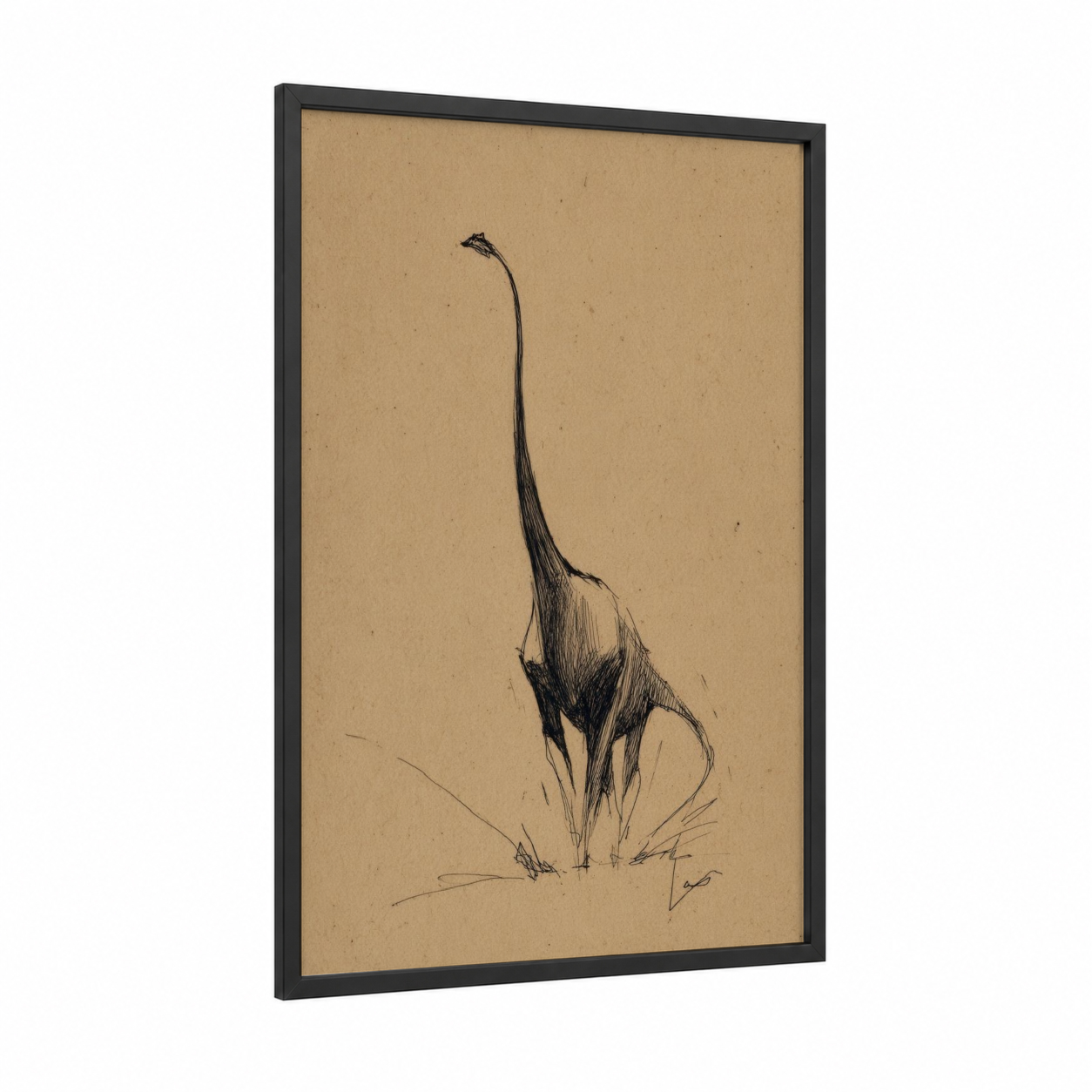 Graceful Sauropod framed dinosaur print — black wood frame — black and beige palette