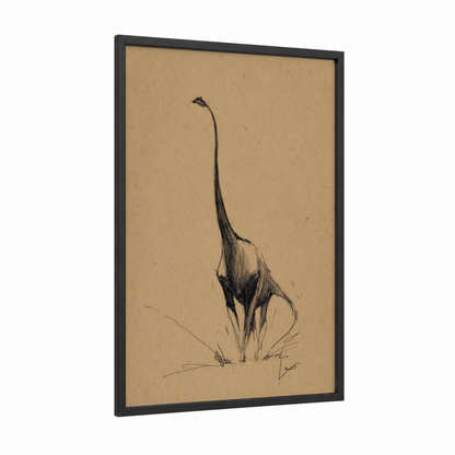 Graceful Sauropod framed dinosaur print — black wood frame — black and beige palette