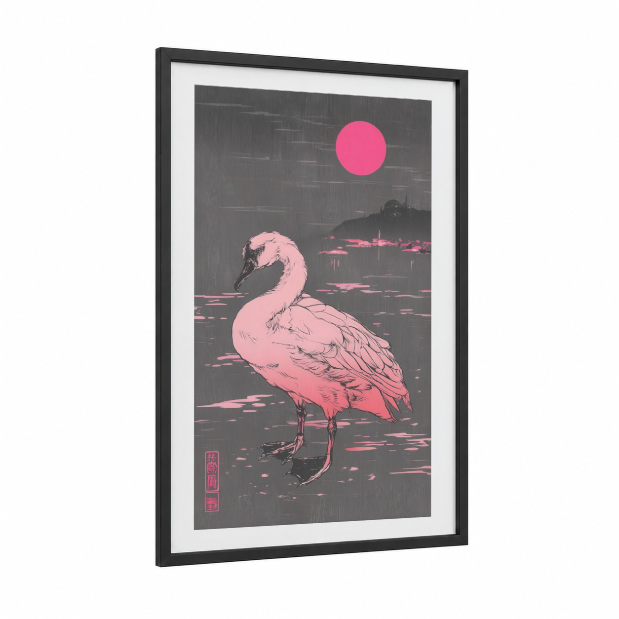 Crimson Moon Swan framed art print — black wood frame — magenta and gray palette