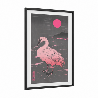 Crimson Moon Swan framed art print — black wood frame — magenta and gray palette