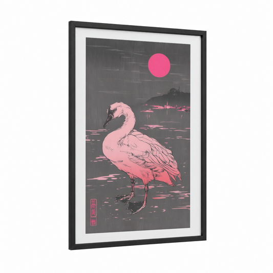 Crimson Moon Swan framed art print — black wood frame — magenta and gray palette