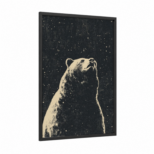 Stargazing Bear framed space print — black wood frame — black and white and cream palette