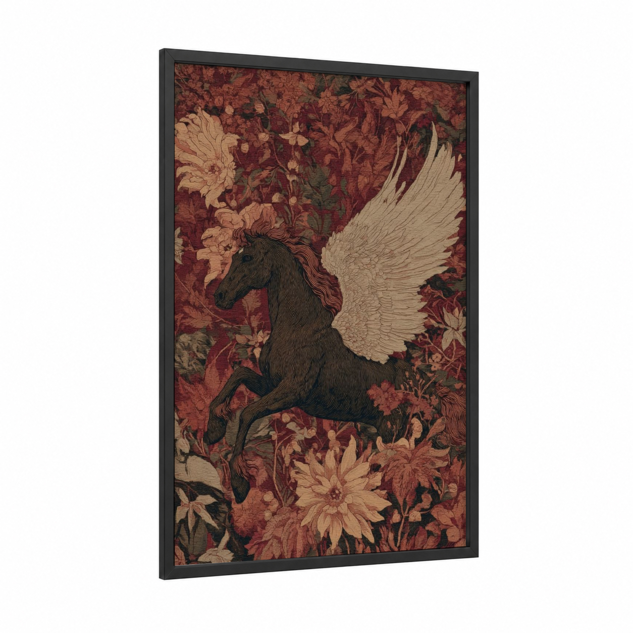 Winged Pegasus framed art print — black wood frame — maroon and cream palette
