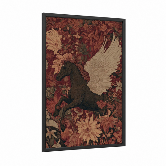 Winged Pegasus framed art print — black wood frame — maroon and cream palette