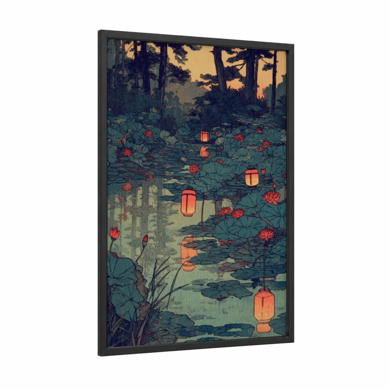 Lantern Lotus Pond framed art print — black wood frame — teal and gold palette