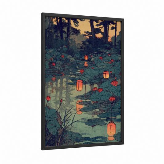 Lantern Lotus Pond framed art print — black wood frame — teal and gold palette