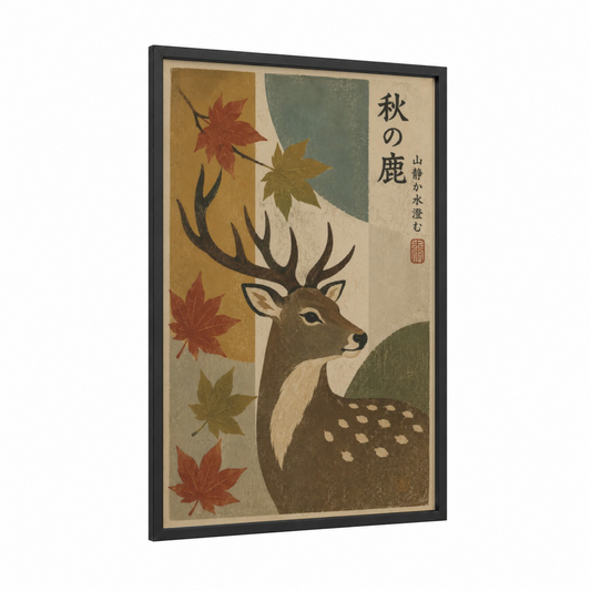 Autumn Deer Japanese Woodblock Wall Art framed art print — black wood frame — brown and beige palette