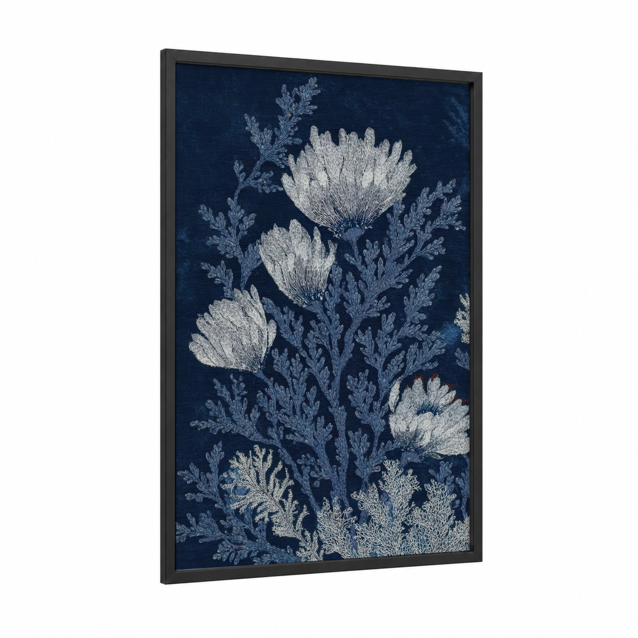 Midnight Anemones framed sea anemone print — black wood frame — dark blue and white palette